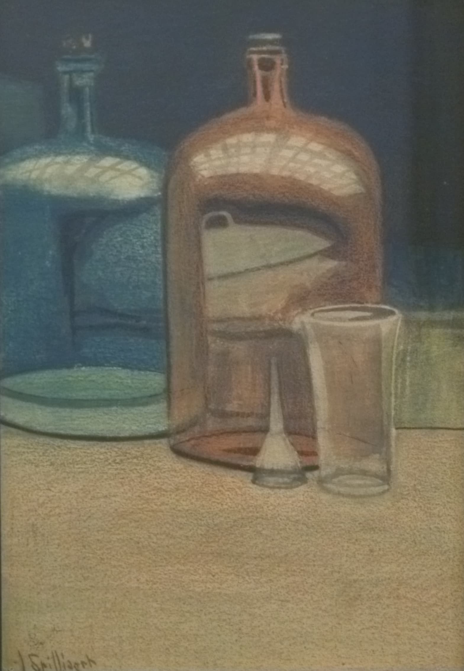 Bruine en blauwe stopflessen (Amber and blue glass stoppered bottles)